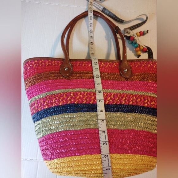 Style & Co large multi colored wicker tote with bead accent & zipper c… - Picture 8 of 10